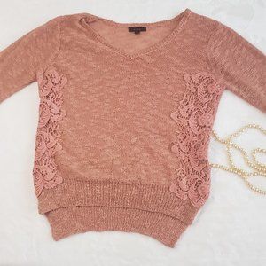 Mine • Boutique Open Knit Cozy V Neck Sweater with Lace Details-Small- Oversized